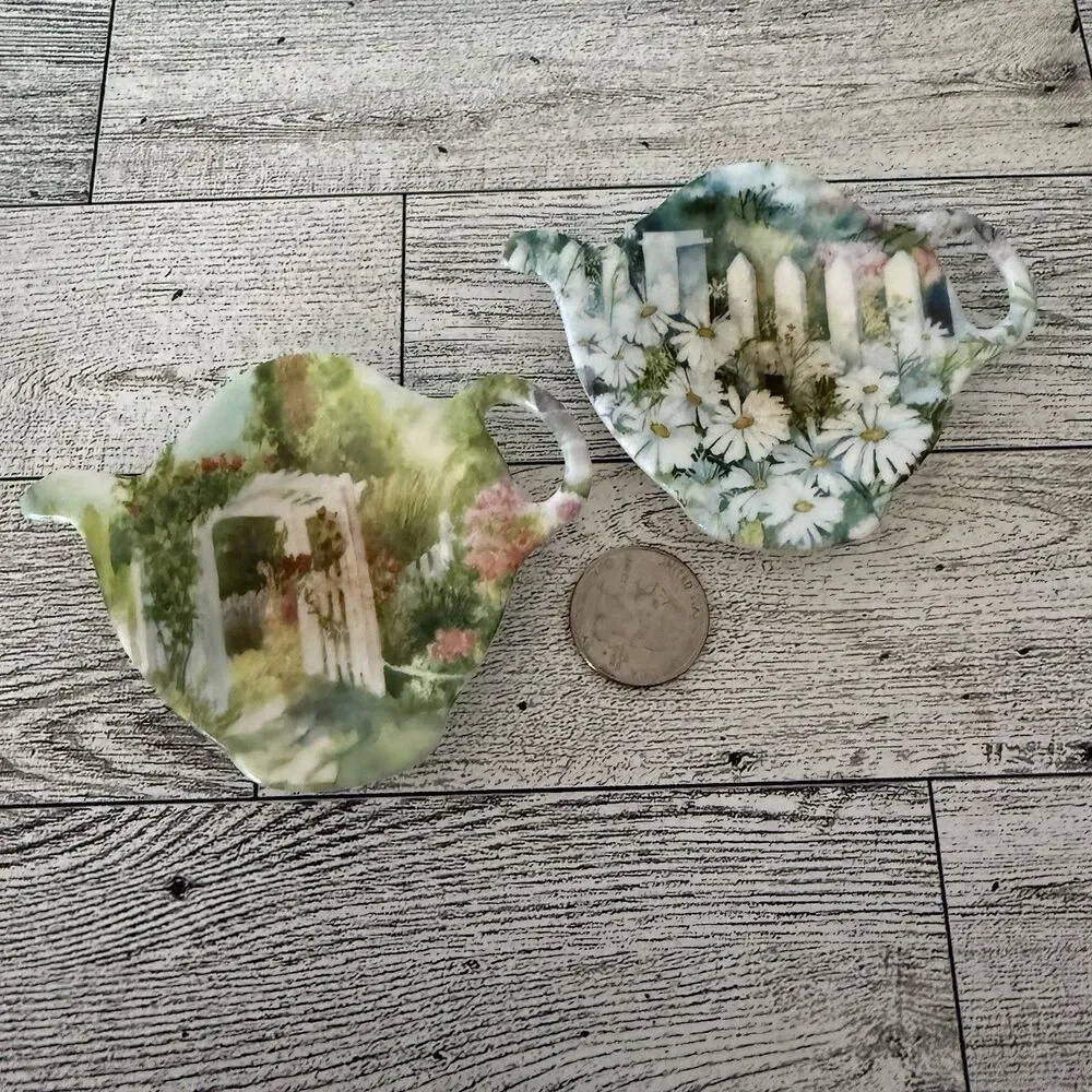 Set Of 2 Vintage Tea Bag Holders Flower Garden Scene Melamine Made In Italy